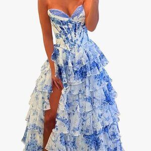 Blue tiered floral prom dress